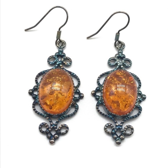 Vintage 925 Sterling Silver Large Baltic Amber Statement Ladies Drop Earrings - Picture 1 of 5